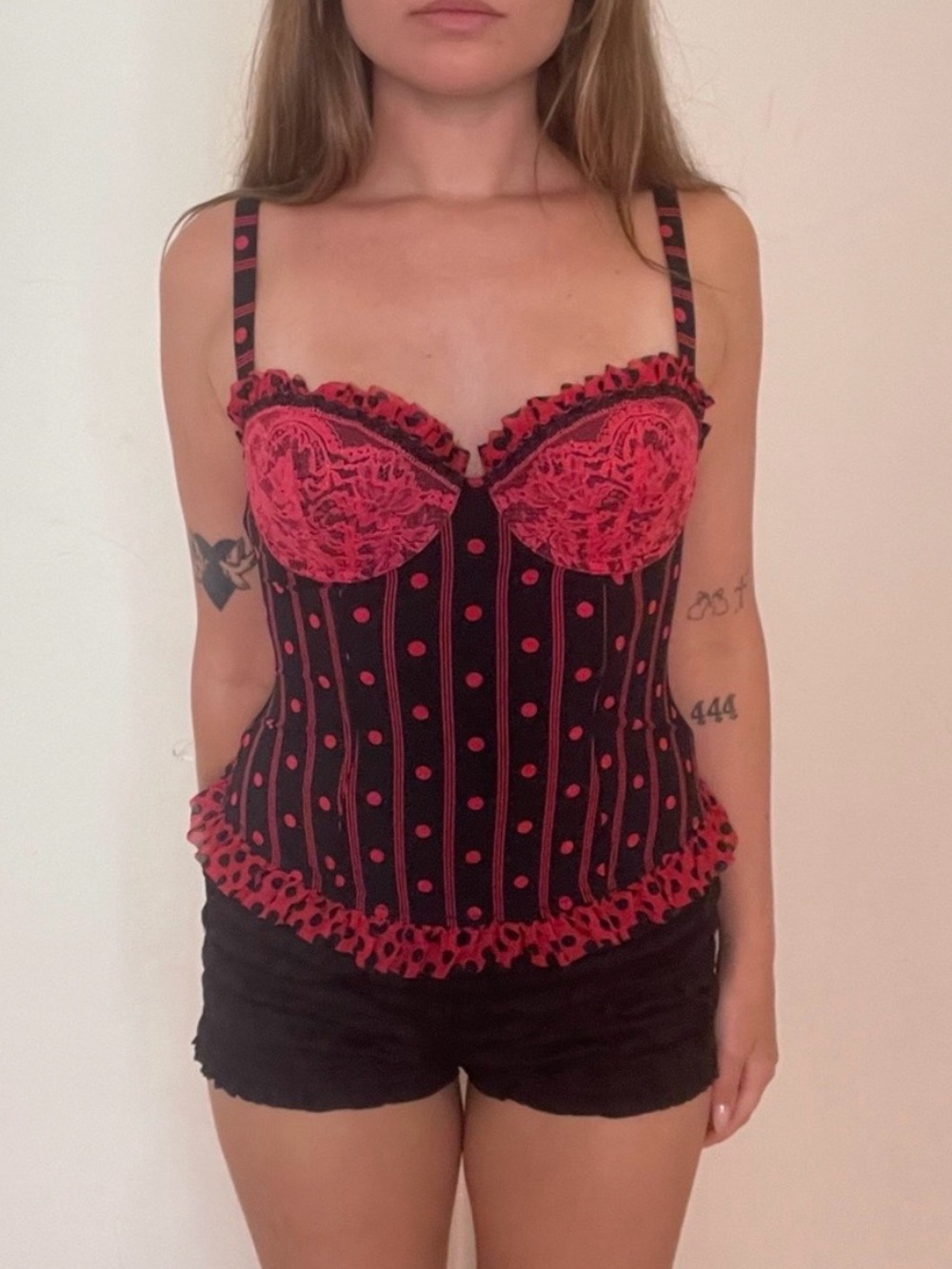 Chantal Thomass vintage hot pink & Black Polka Dot Lace Bustier Top